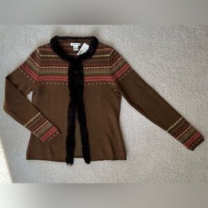Cashmere/Cotton-blend Cardigan Sweater with Faux Fur Trim